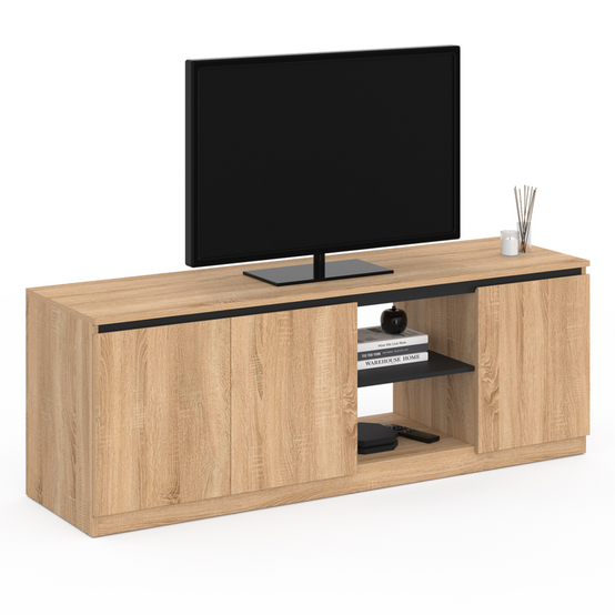 Meuble TV TOMI 3 portes bois façon hêtre et noir 140 cm - Gamm vert Meuble TV TOMI 3 portes bois façon hêtre et noir 140 cm - Gamm vert