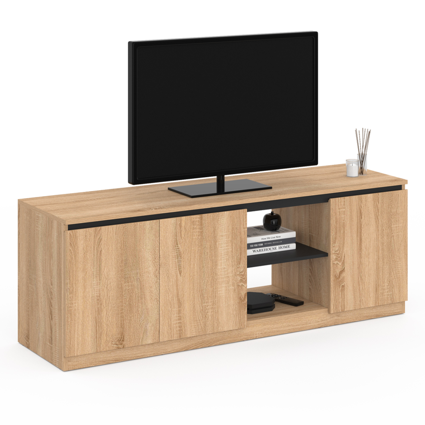 Meuble TV TOMI 3 portes bois façon hêtre et noir 140 cm - Gamm vert