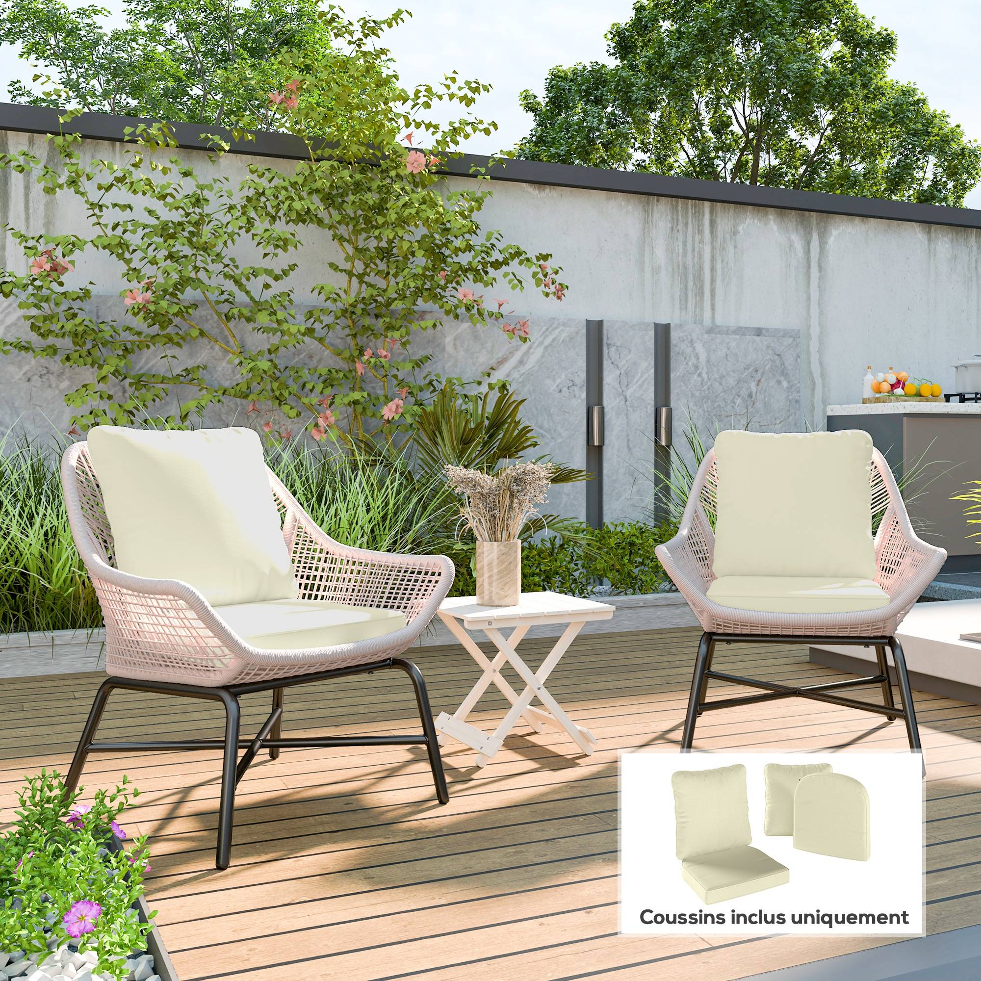 Ensemble de 2 coussins d'assise avec dossier, coussin d'assise et de dossier extérieur et intérieur, crème - Image 3