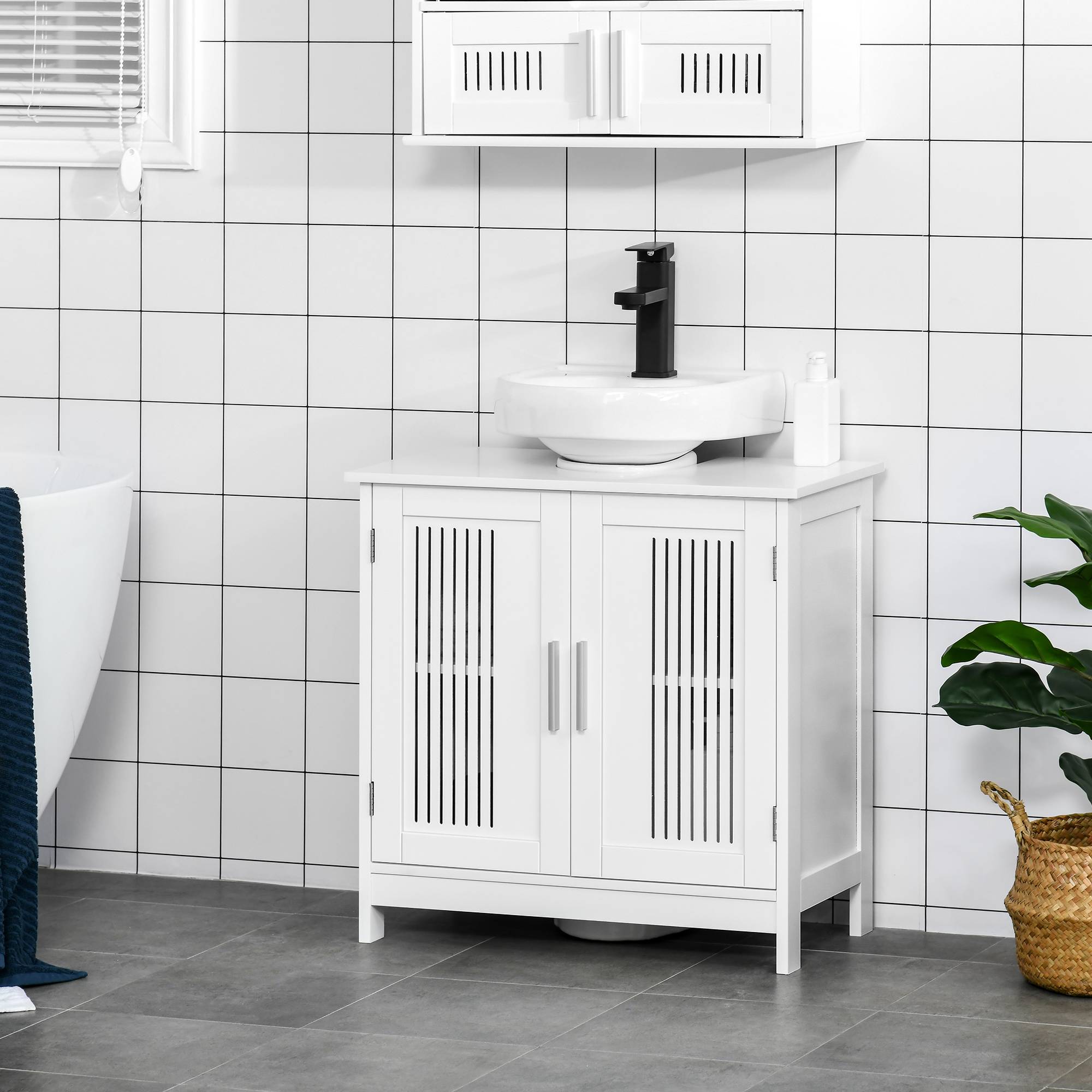 Sans Marque - Meuble vasque salle bain gain place 2 portes MDF étagères réglables 60x30x60 cm blanc - Image 4