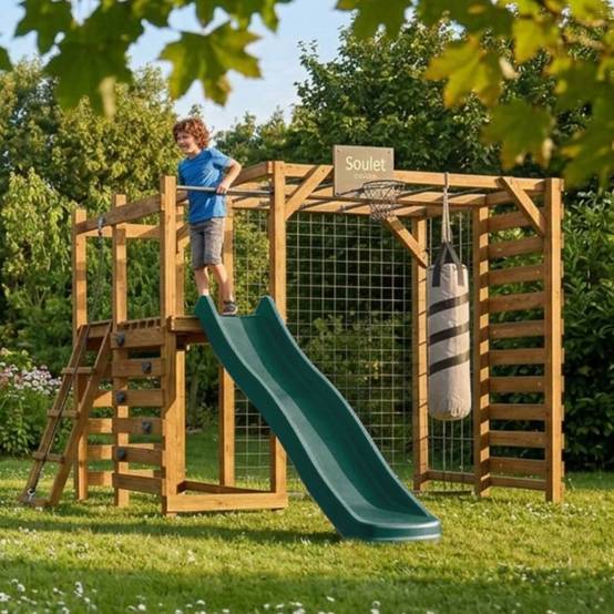 Soulet - Aire de jeux multisport en bois traité avec toboggan ACHILLE - Image 2