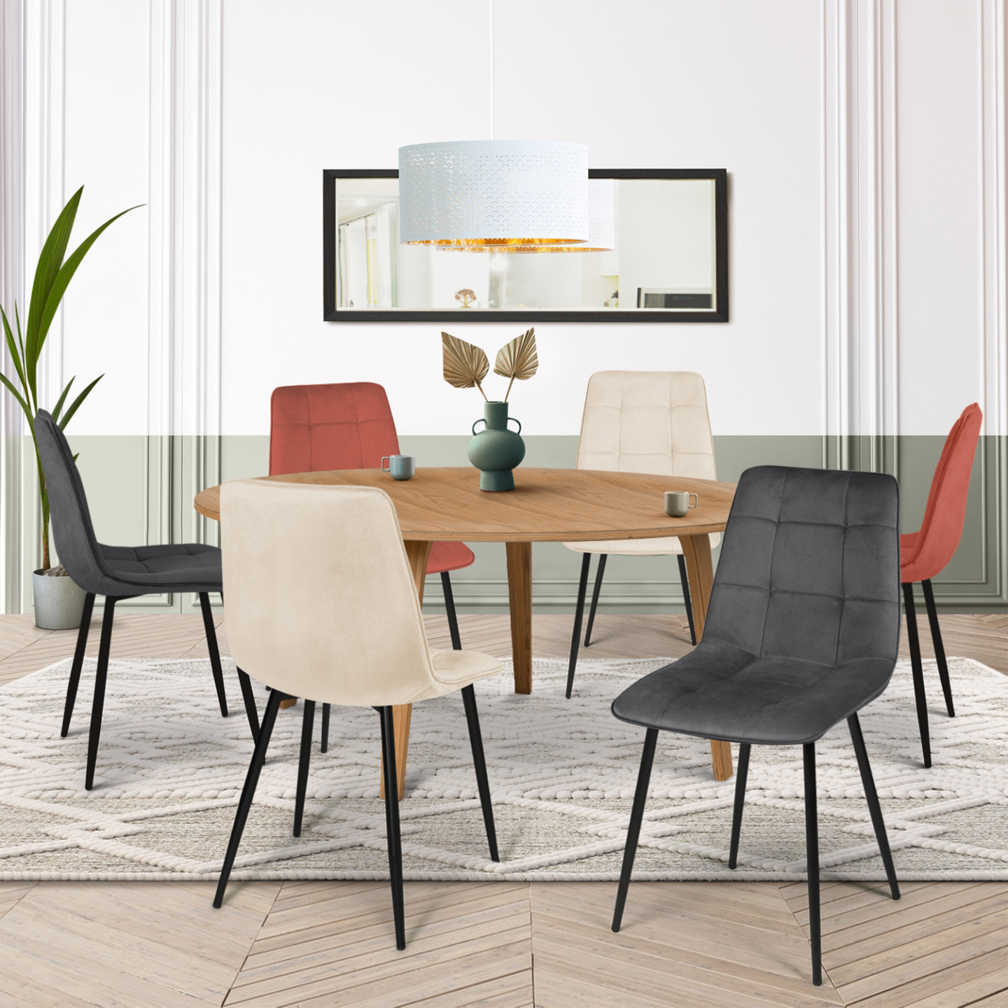 Lot de 6 chaises MILA en velours mix color terracotta x2, gris foncé x2 et beige x2 - Image 1