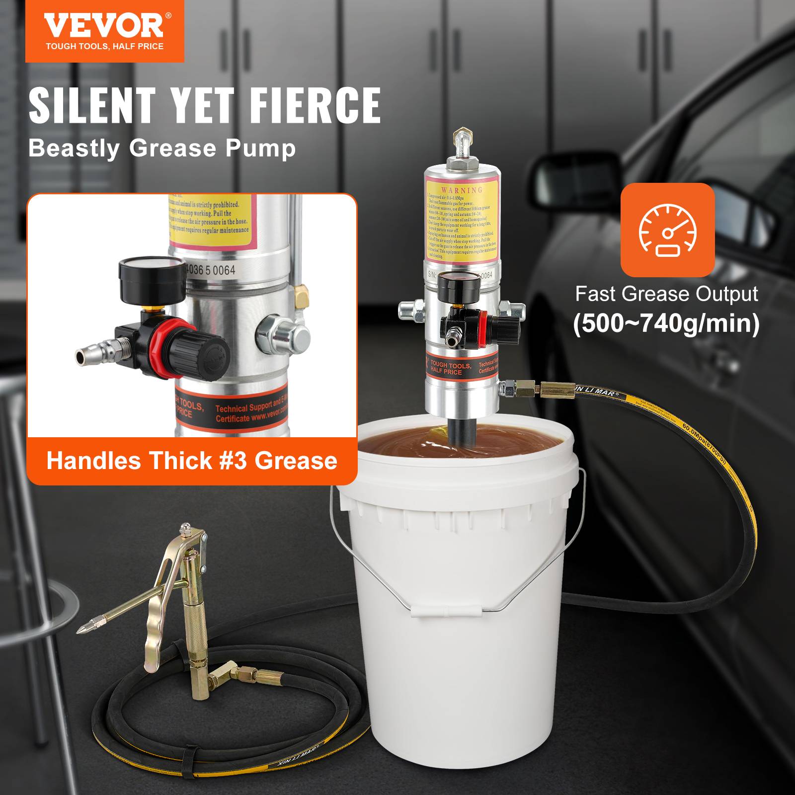 VEVOR Pompe graisse pneumatique 50:1, seau, tuyau 4 m, pistolet, tête 360°. - Image 2