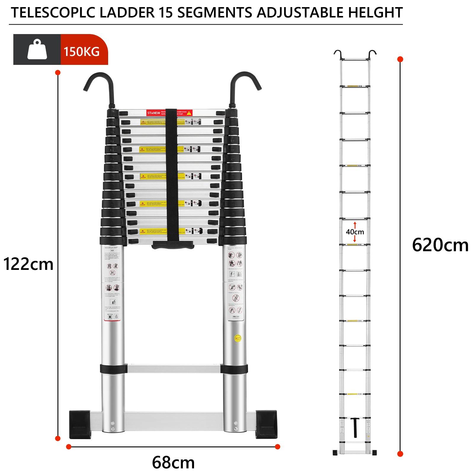Échelle télescopique de 6,2 m avec stabilisateur d'échelle, pliante en aluminium avec barre stabilisatrice et crochets amovibles - Image 2