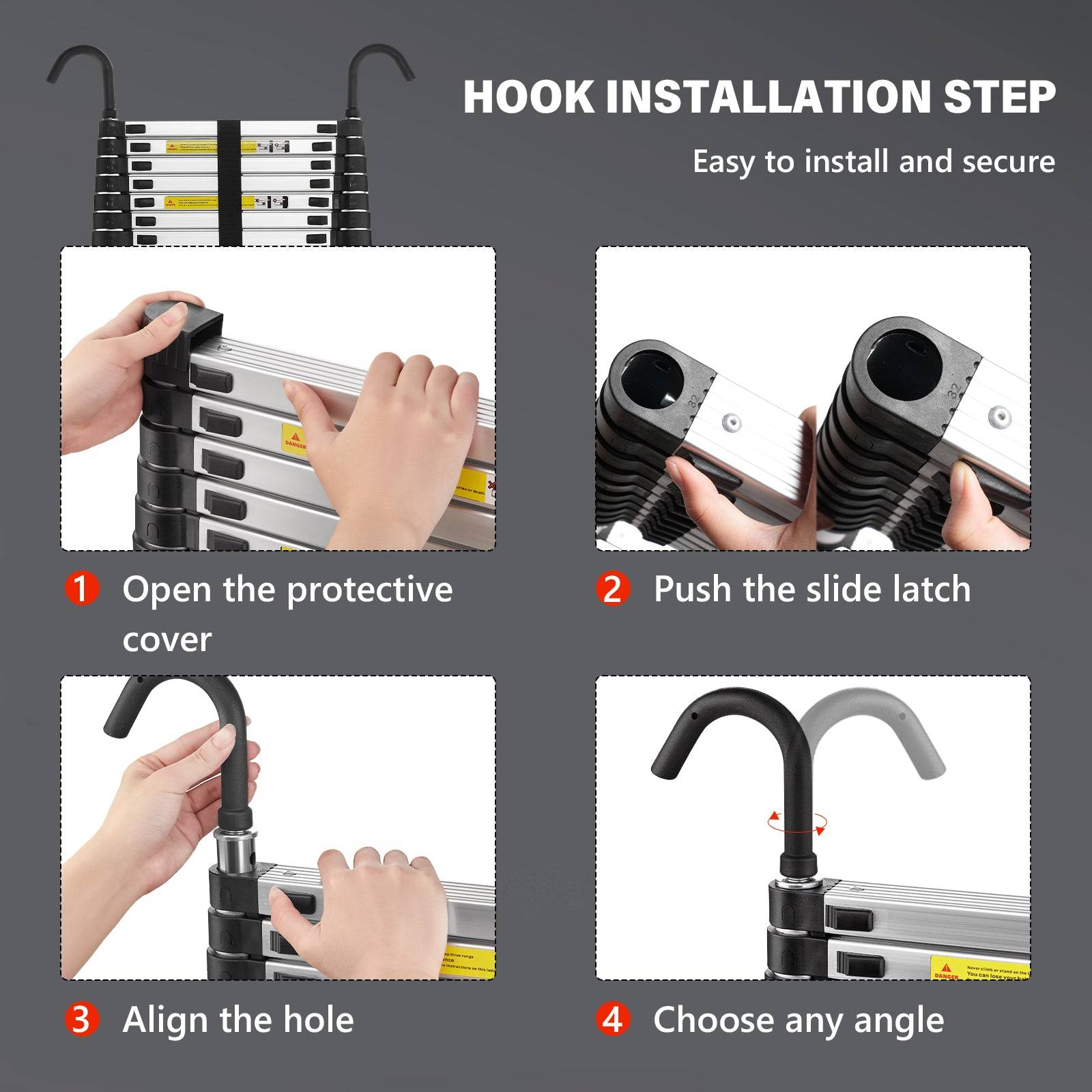 Échelle télescopique de 6,2 m avec stabilisateur d'échelle, pliante en aluminium avec barre stabilisatrice et crochets amovibles - Image 3