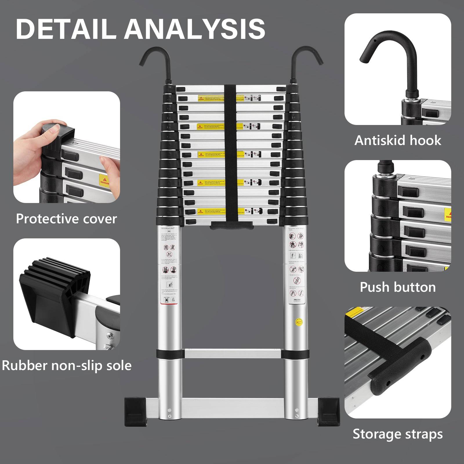 Échelle télescopique de 6,2 m avec stabilisateur d'échelle, pliante en aluminium avec barre stabilisatrice et crochets amovibles - Image 4