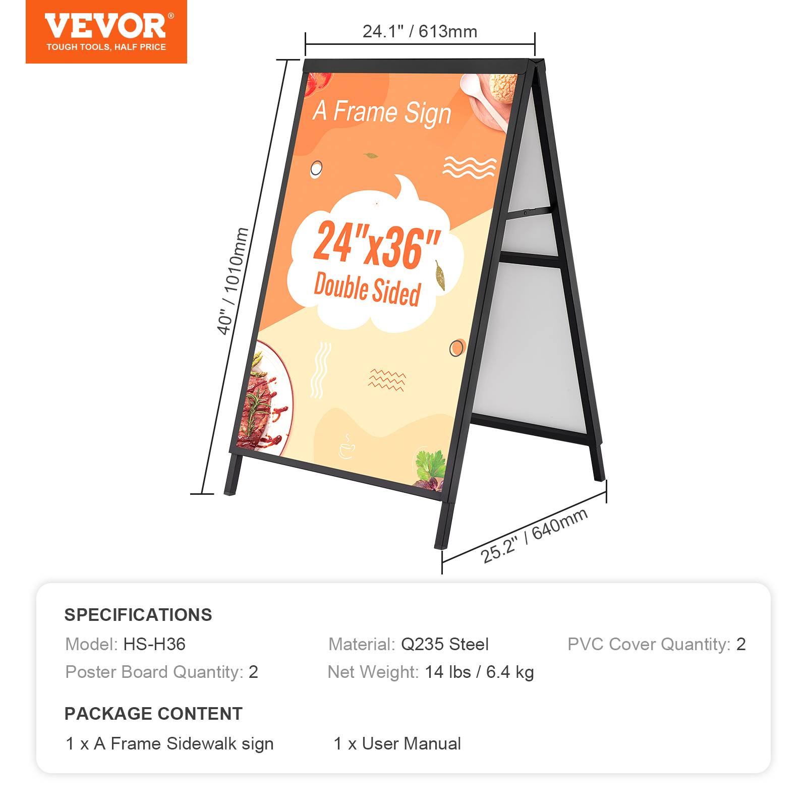 VEVOR Chevalet stop-trottoir affichage double-face 91x61 cm, acier, pliable. Étanche, bars, restaurants. - Image 7