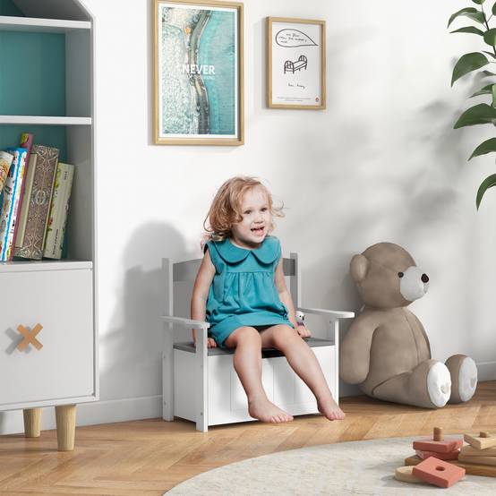 Banc coffre gris et blanc dossier couvercle fermeture douce charge 30 kg 68,5 × 34 × 58 cm chambre enfant - Image 3