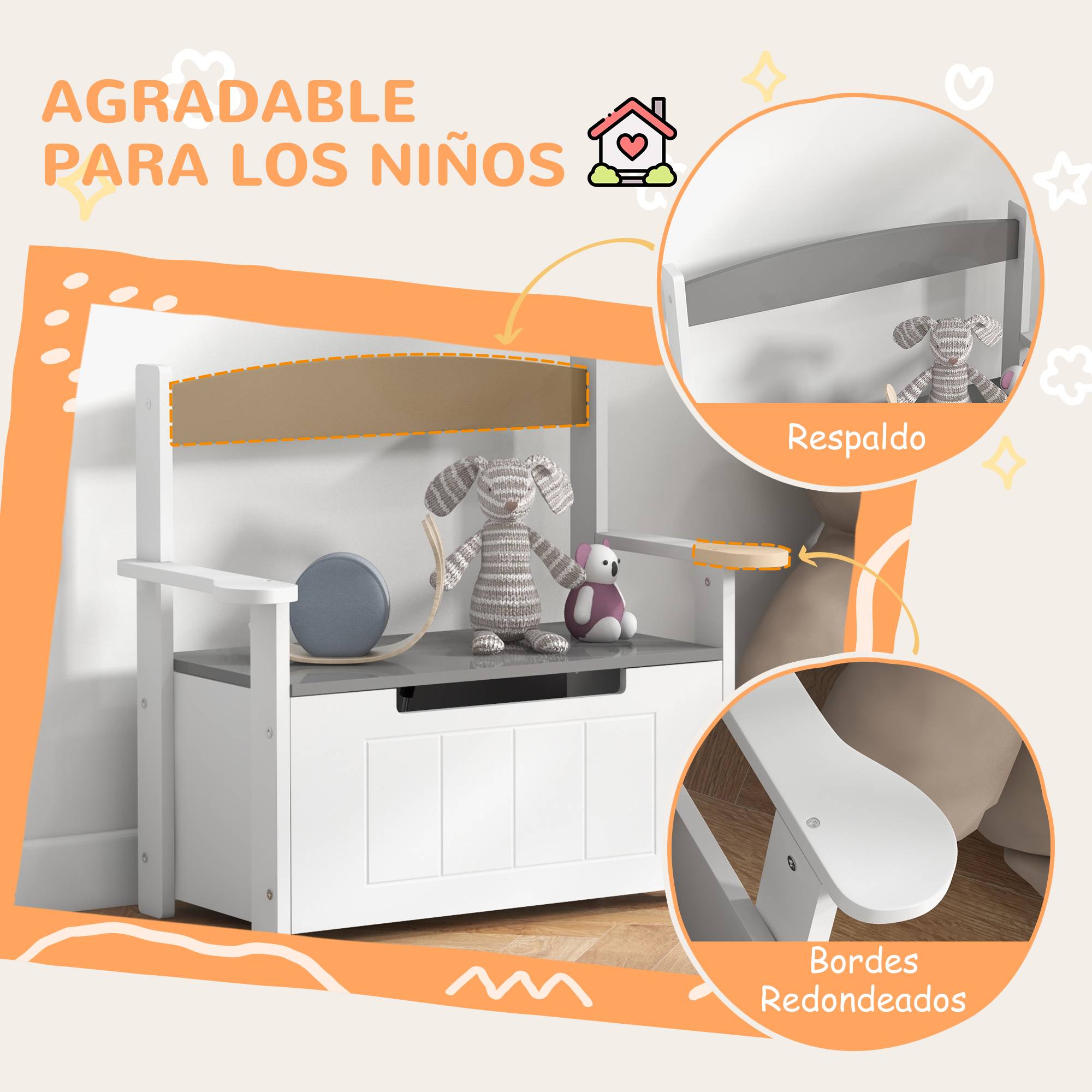 Banc coffre gris et blanc dossier couvercle fermeture douce charge 30 kg 68,5 × 34 × 58 cm chambre enfant - Image 7