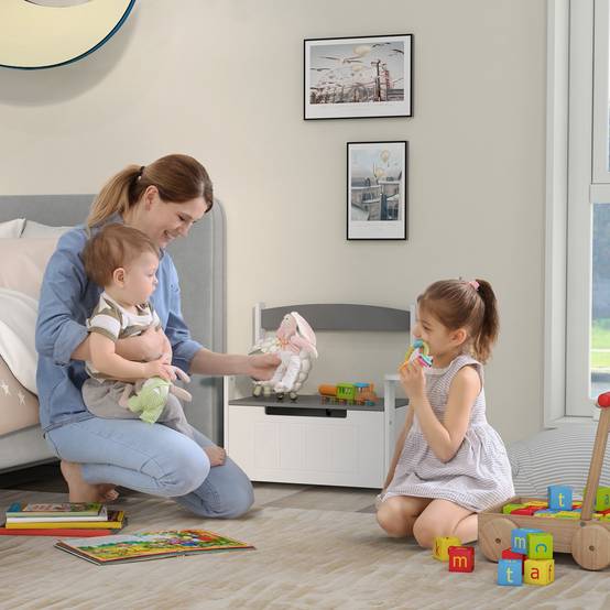 Banc coffre gris et blanc dossier couvercle fermeture douce charge 30 kg 68,5 × 34 × 58 cm chambre enfant - Image 4