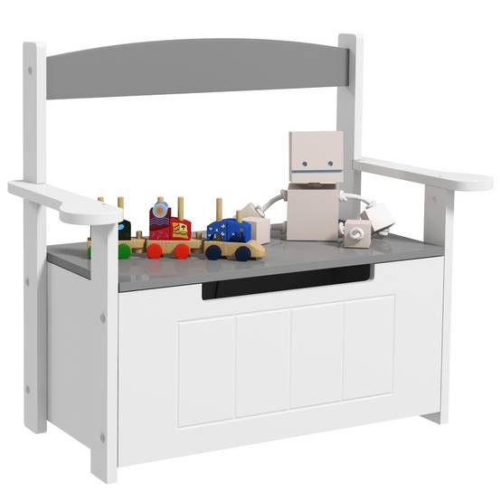 Banc coffre gris et blanc dossier couvercle fermeture douce charge 30 kg 68,5 × 34 × 58 cm chambre enfant - Image 1