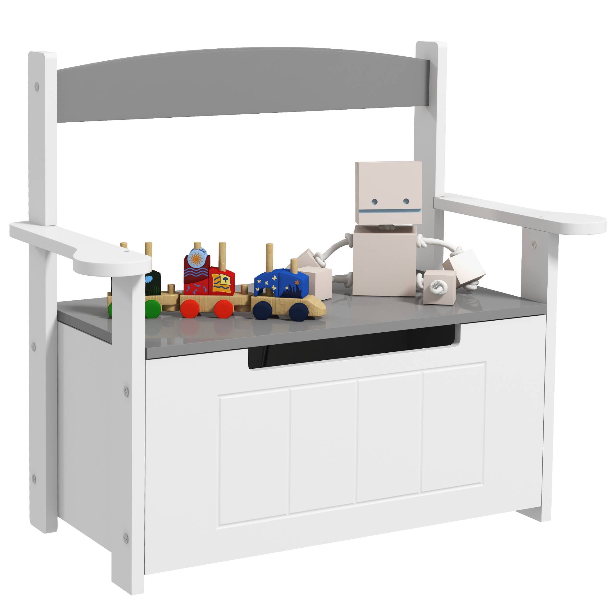 Banc coffre gris et blanc dossier couvercle fermeture douce charge 30 kg 68,5 × 34 × 58 cm chambre enfant - Image 1