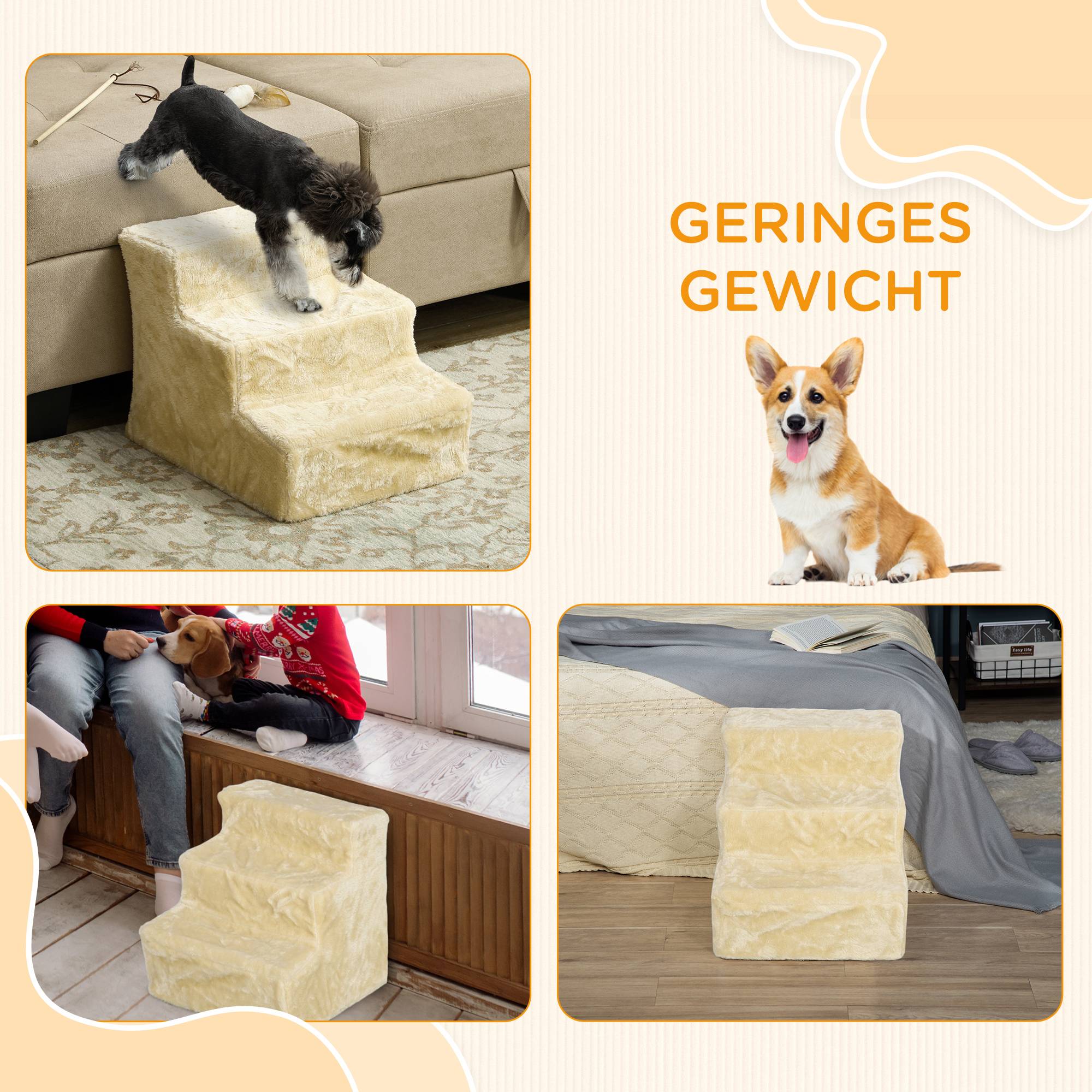 Sans Marque - Escalier pliable 3 marches, housse peluche lavable, panneau aggloméré, 46x35x35cm, beige - Image 9