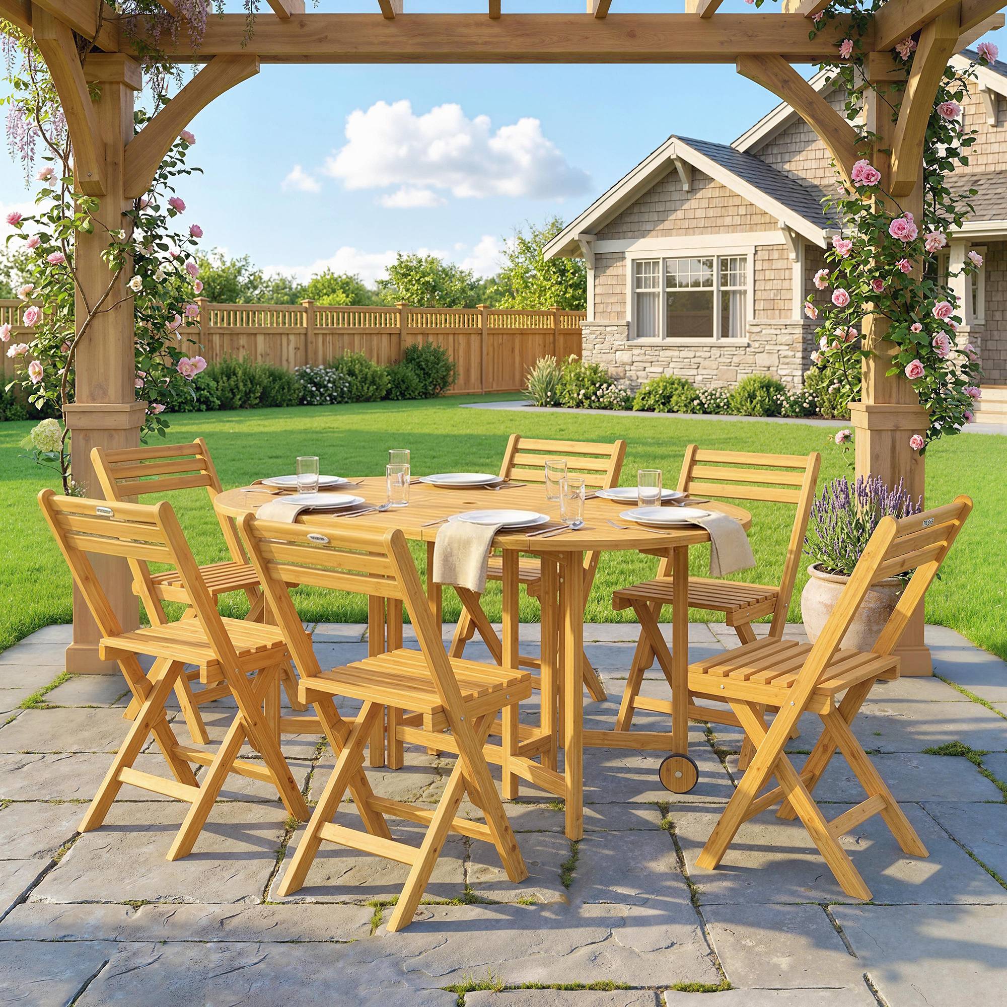 Ensemble de salon de jardin FSC 7 pièces en bois, table pliante avec 6 chaises pliantes et emplacement pour parapluie - Image 8