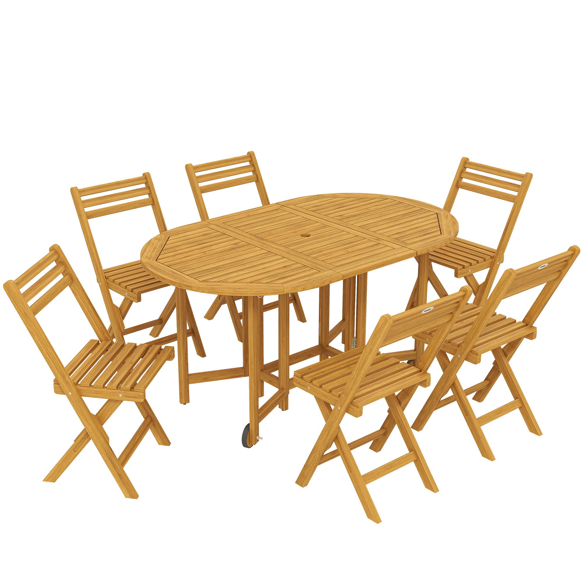 Ensemble de salon de jardin FSC 7 pièces en bois, table pliante avec 6 chaises pliantes et emplacement pour parapluie - Image 1