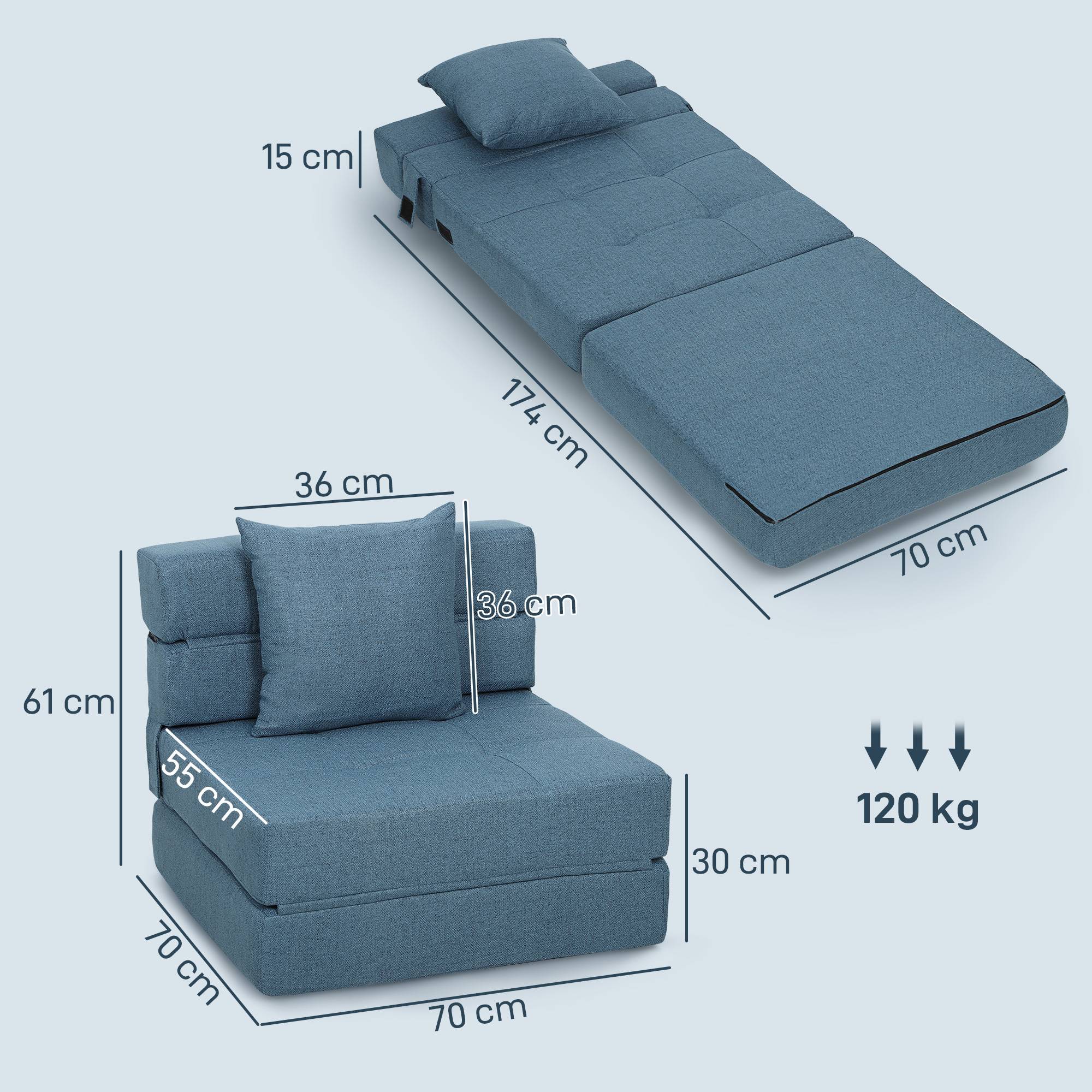 Fauteuil convertible, inclinable, lit d'appoint. Housse amovible, 70 cm x 70 cm x 61 cm, bleu foncé. - Image 5