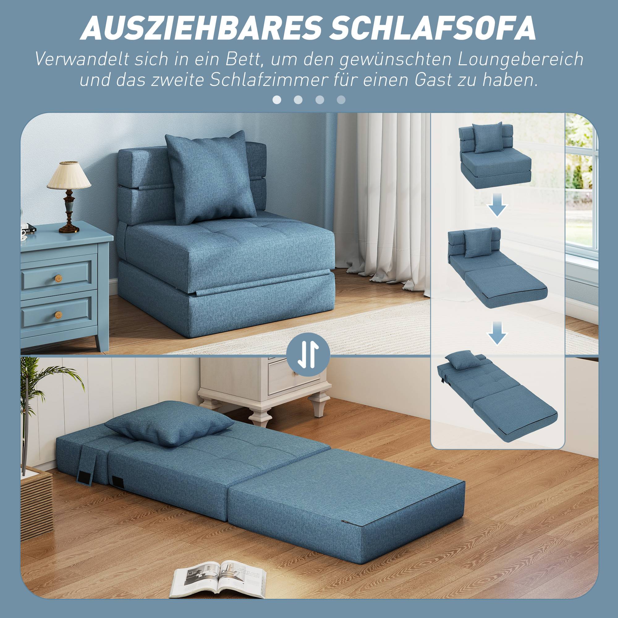 Fauteuil convertible, inclinable, lit d'appoint. Housse amovible, 70 cm x 70 cm x 61 cm, bleu foncé. - Image 6