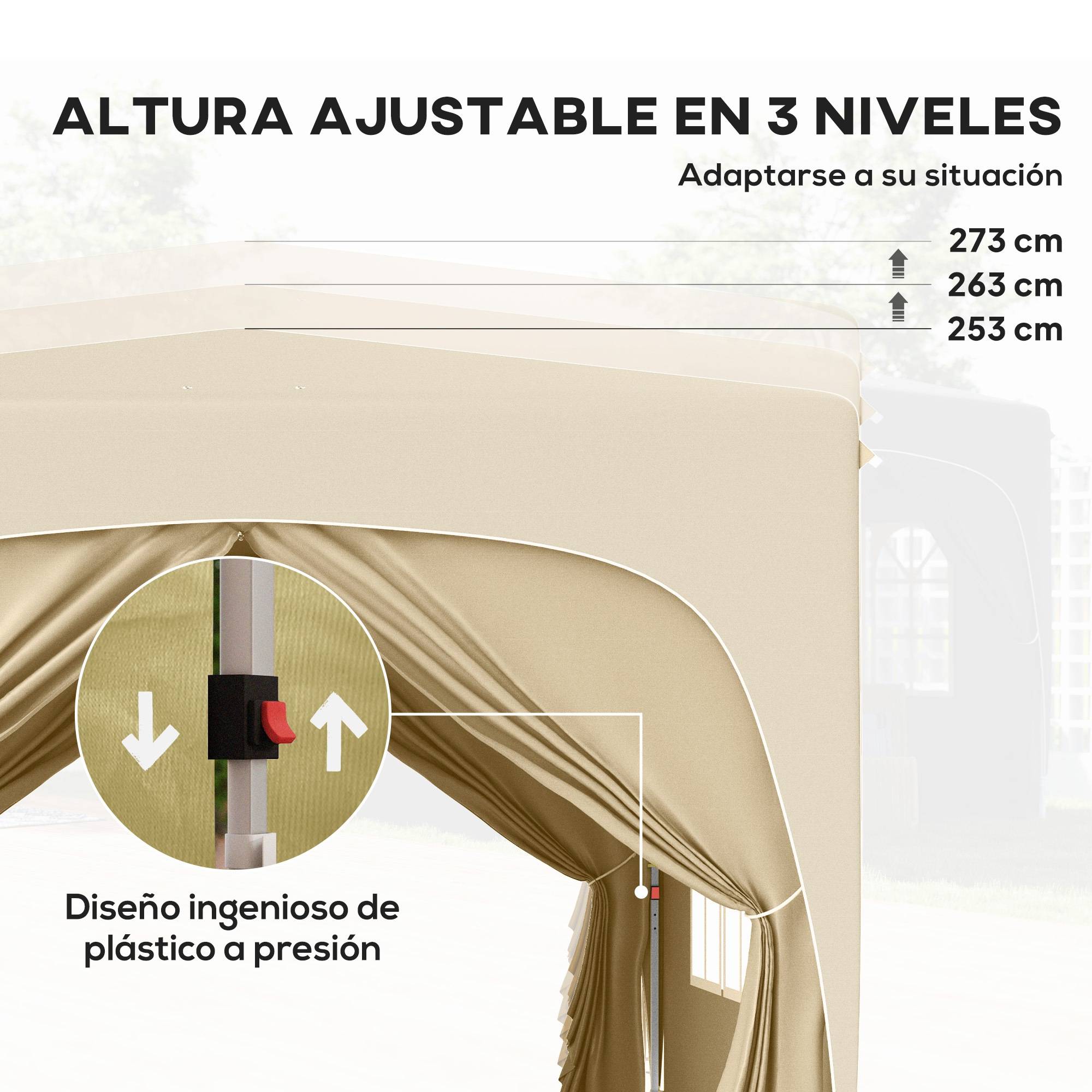 Gazebo pliante 3x3m avec panneaux latéraux UPF50+, hauteur réglable et sac de transport (Sable) - Image 7