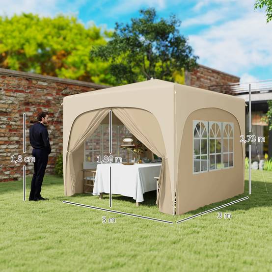 Gazebo pliante 3x3m avec panneaux latéraux UPF50+, hauteur réglable et sac de transport (Sable) - Image 5