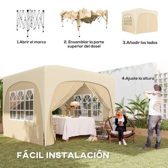 Gazebo pliante 3x3m avec panneaux latéraux UPF50+, hauteur réglable et sac de transport (Sable) - Image 6