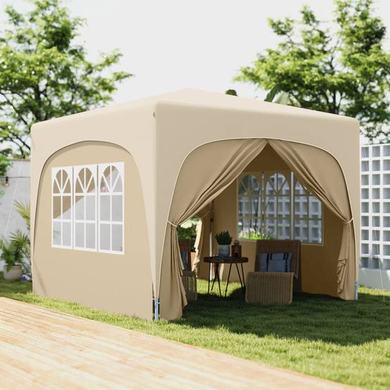 Gazebo pliante 3x3m avec panneaux latéraux UPF50+, hauteur réglable et sac de transport (Sable) - Image 3