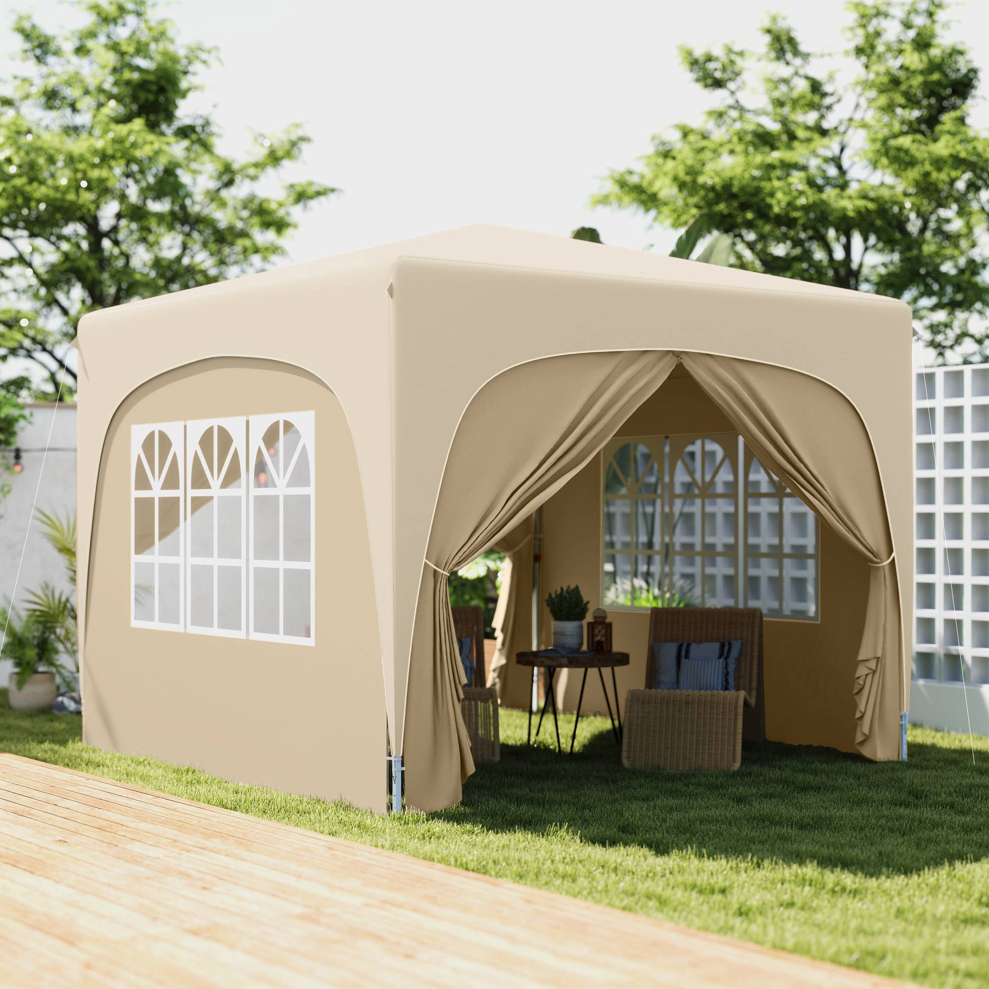 Gazebo pliante 3x3m avec panneaux latéraux UPF50+, hauteur réglable et sac de transport (Sable) - Image 3