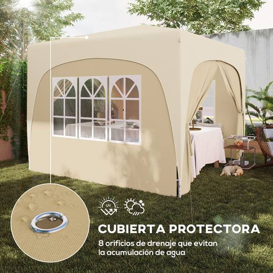 Gazebo pliante 3x3m avec panneaux latéraux UPF50+, hauteur réglable et sac de transport (Sable) - Image 8