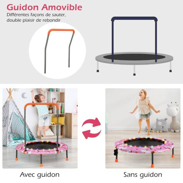 Helloshop26 - Trampoline pour enfants diamètre 92 cm lumineux avec poignée amovible charge 25kg pour sports de saut intérieur extérieur rose - Image 5