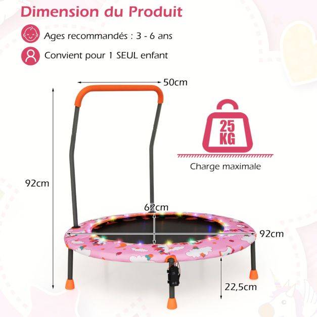 Helloshop26 - Trampoline pour enfants diamètre 92 cm lumineux avec poignée amovible charge 25kg pour sports de saut intérieur extérieur rose - Image 7
