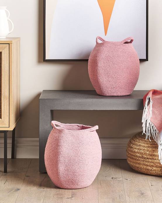 Paniers Rose en Coton 30 cm Ronds Faits Main Rangement Intérieur pour Linge Facile à Entretenir Corbeilles Lot de 2 - Image 2