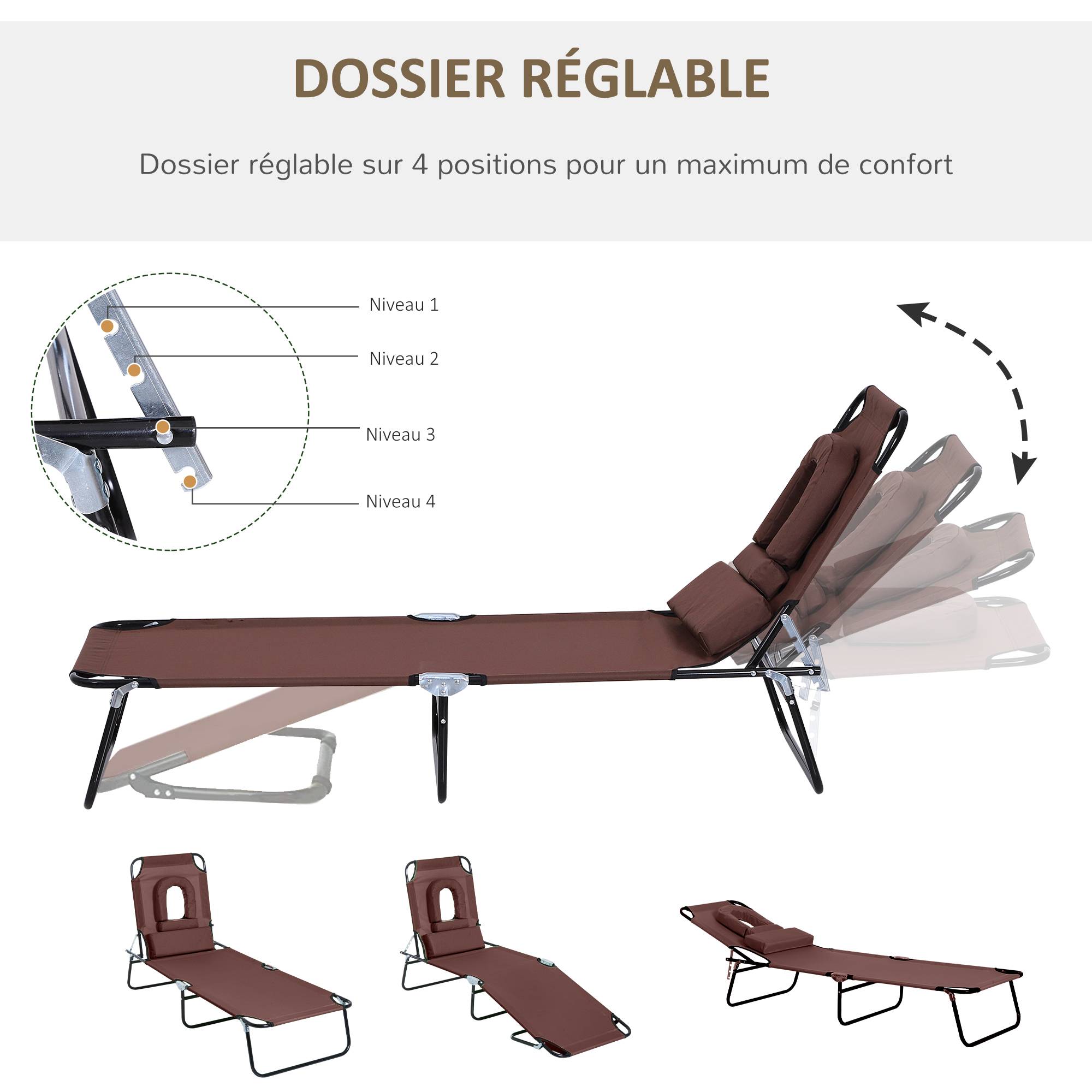 Bain de Soleil Pliable transat inclinable 4 Positions Chaise Longue 3 Coussins fournis Marron - Image 6