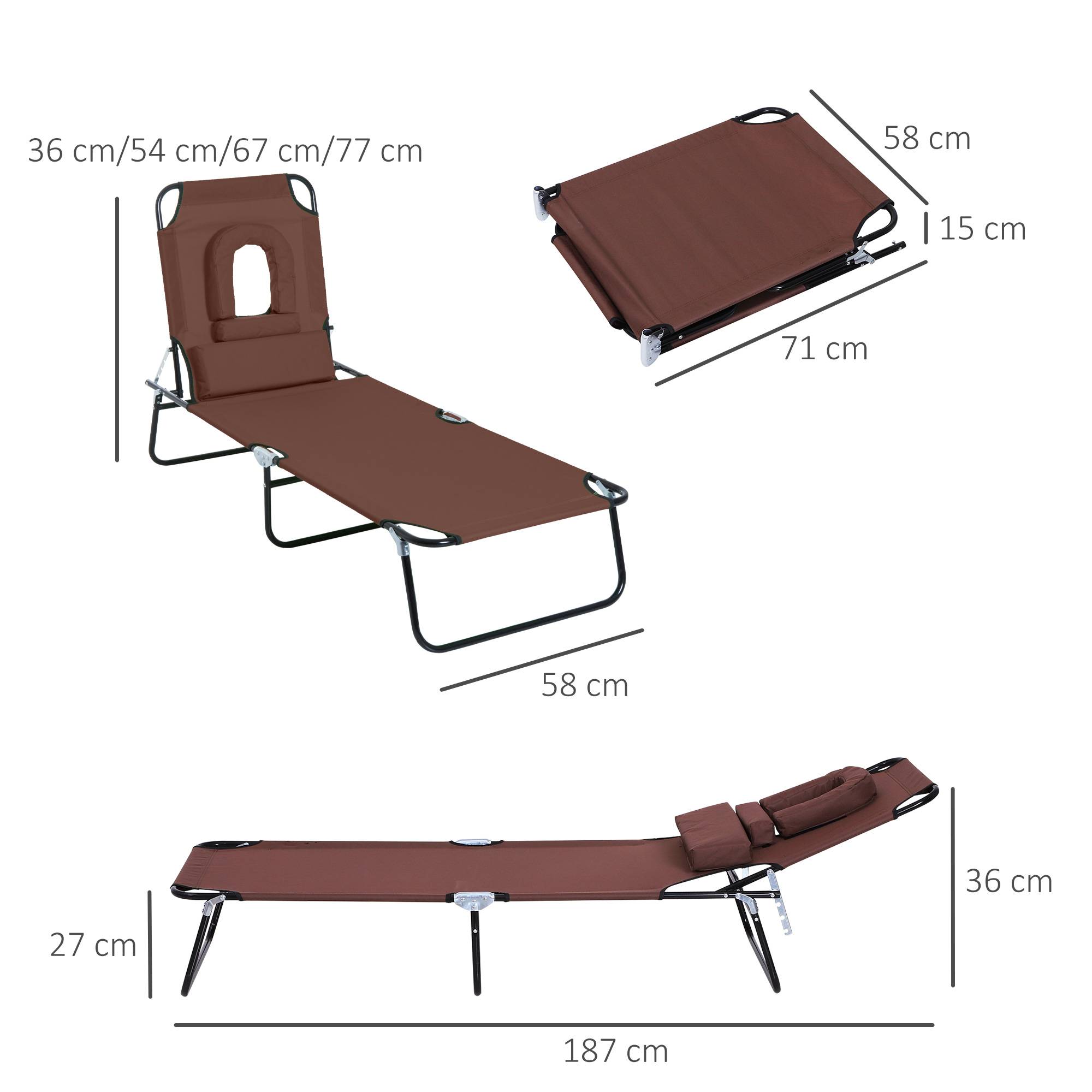 Bain de Soleil Pliable transat inclinable 4 Positions Chaise Longue 3 Coussins fournis Marron - Image 5