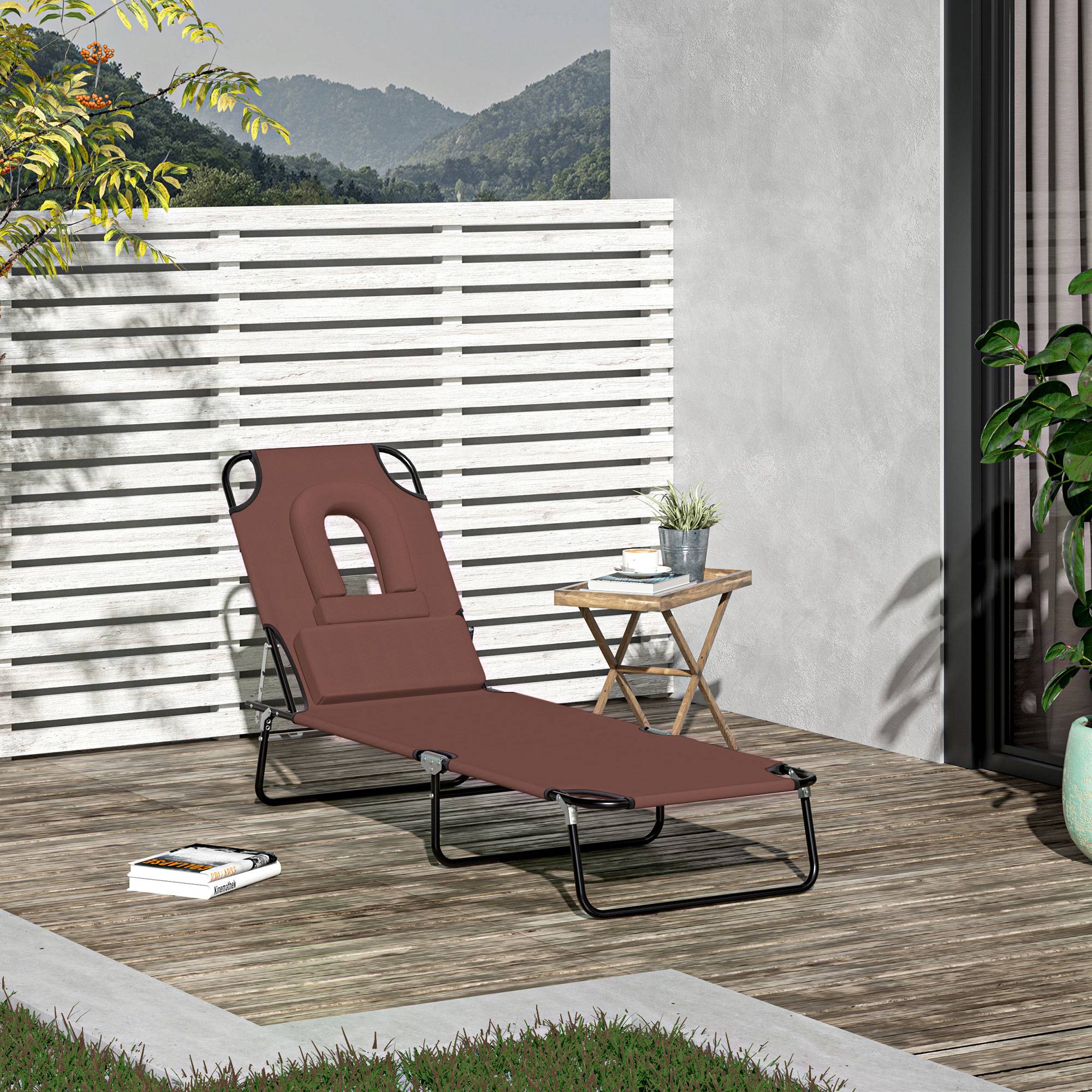 Bain de Soleil Pliable transat inclinable 4 Positions Chaise Longue 3 Coussins fournis Marron - Image 3