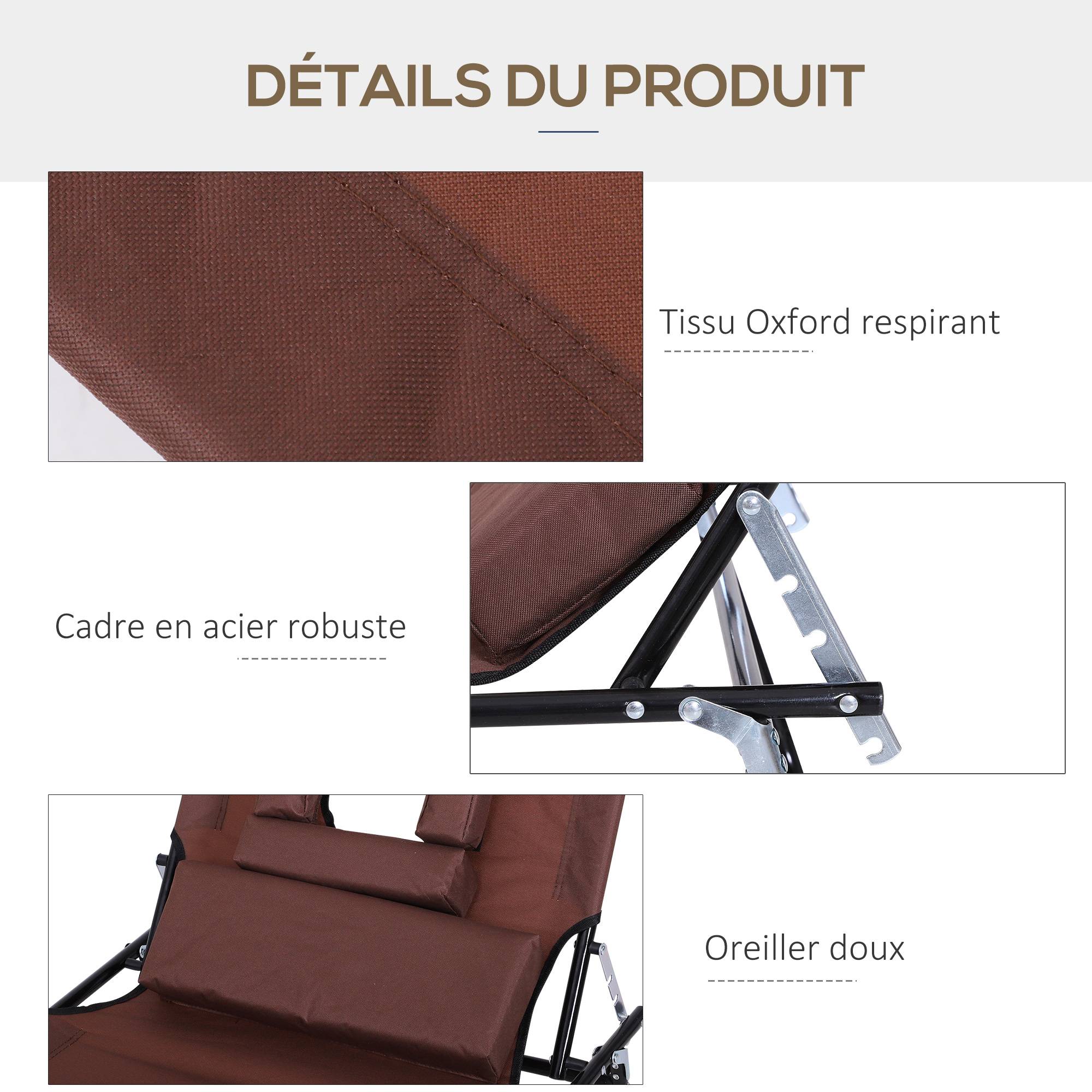 Bain de Soleil Pliable transat inclinable 4 Positions Chaise Longue 3 Coussins fournis Marron - Image 8