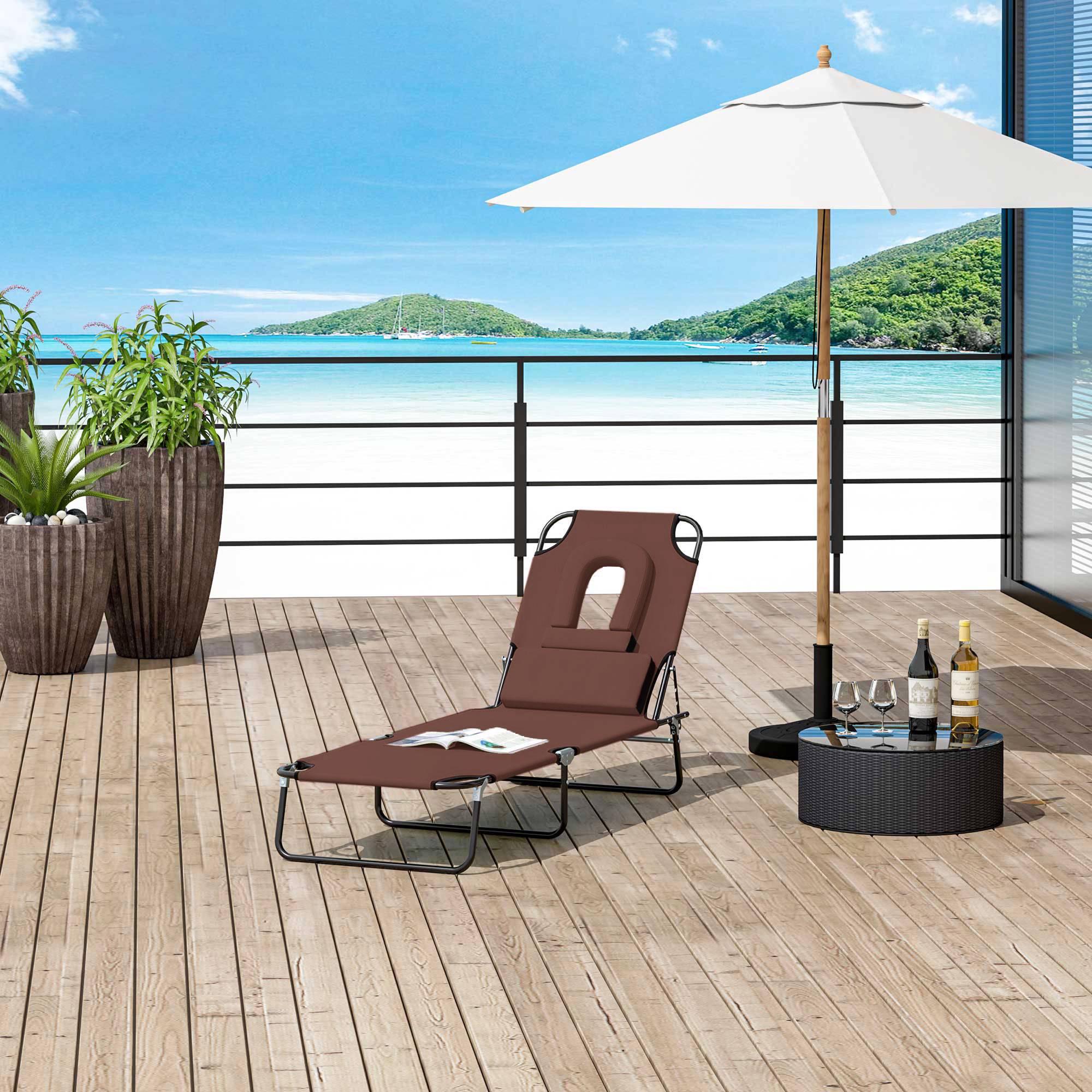 Bain de Soleil Pliable transat inclinable 4 Positions Chaise Longue 3 Coussins fournis Marron - Image 4