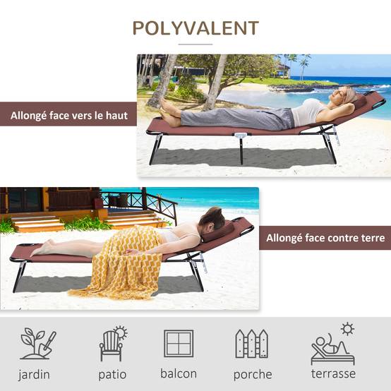Bain de Soleil Pliable transat inclinable 4 Positions Chaise Longue 3 Coussins fournis Marron - Image 7
