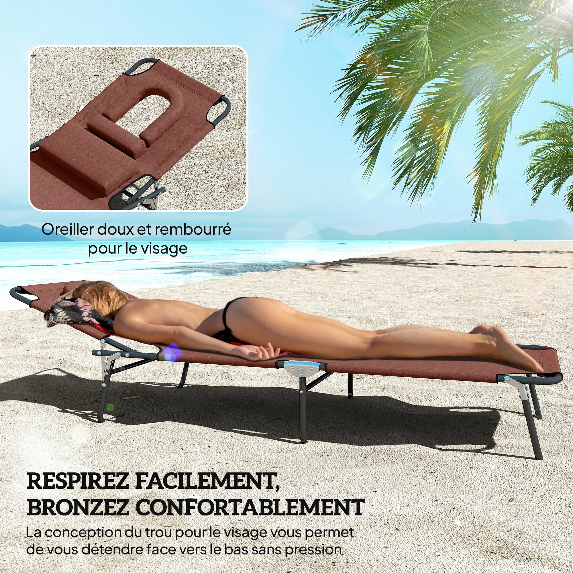 Bain de Soleil Pliable transat inclinable 4 Positions Chaise Longue 3 Coussins fournis Marron - Image 9