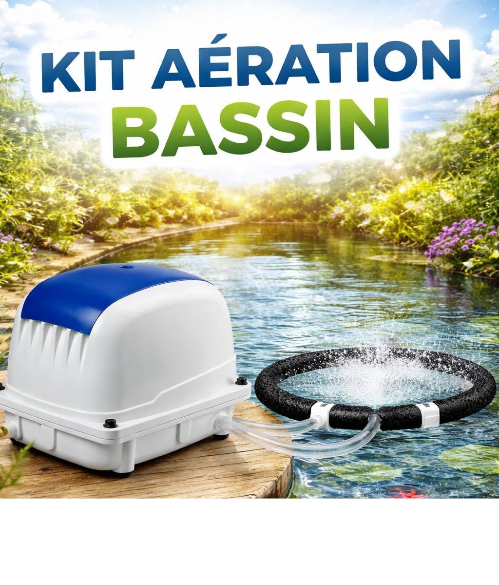 Set Aérateur Bassin Pompe à air 9000 l/h 1 diffuseur PRO 31 cm de diamètre SILENCIEUX. Pour 12000 - 15000 litres environ