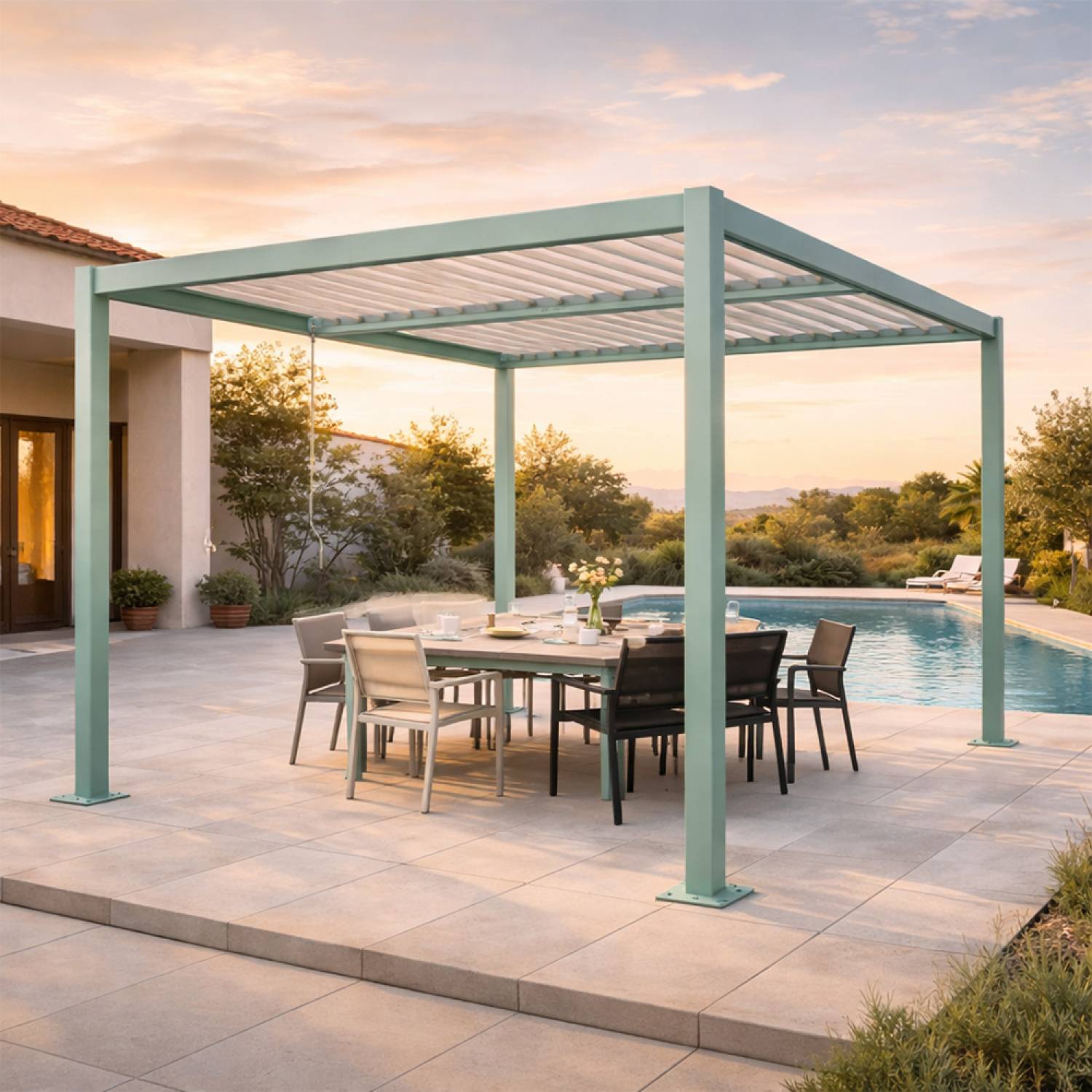 Pergola bioclimatique structure et lames orientables en aluminium vert 3x3m RHODES - Image 2