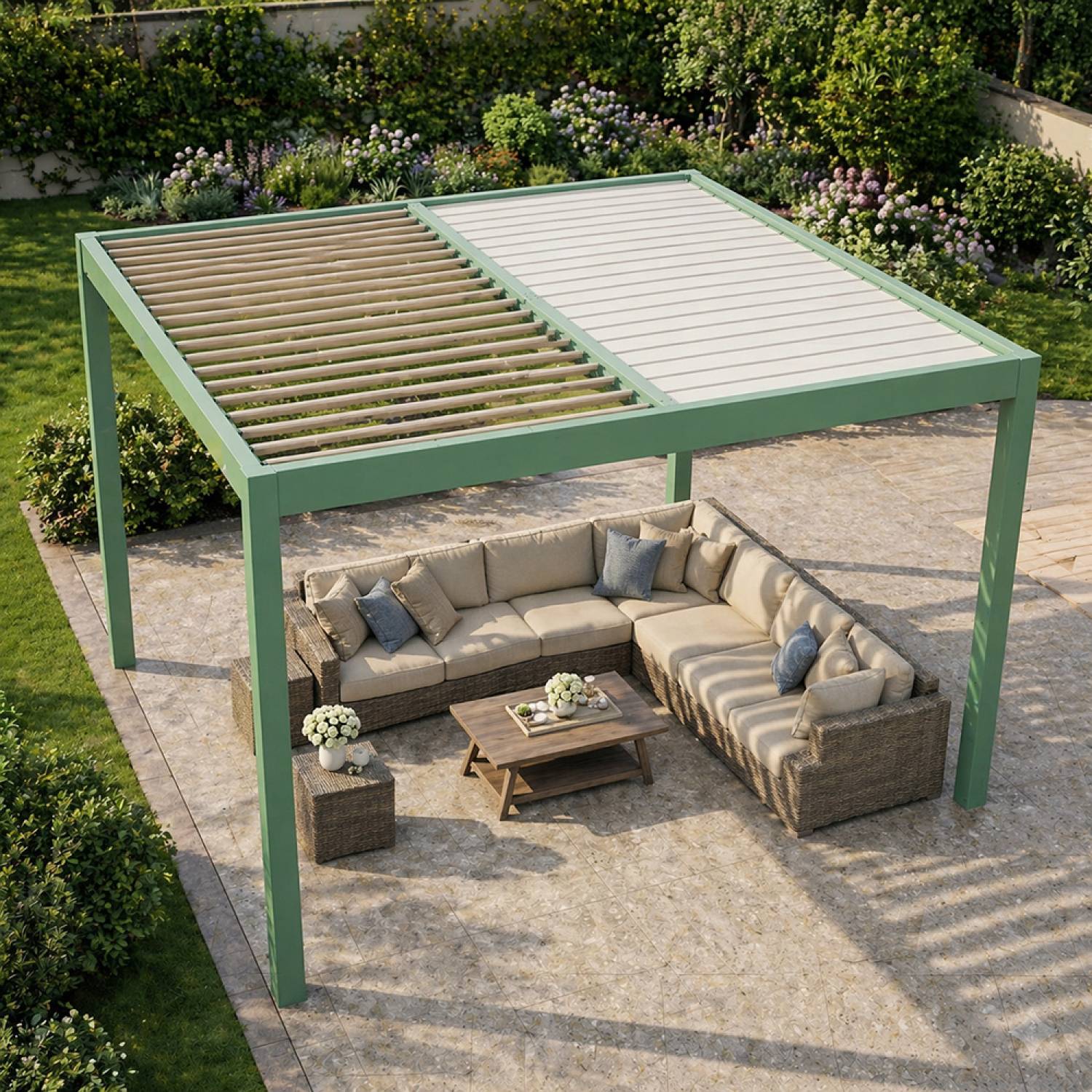 Pergola bioclimatique structure et lames orientables en aluminium vert 3x3m RHODES - Image 6