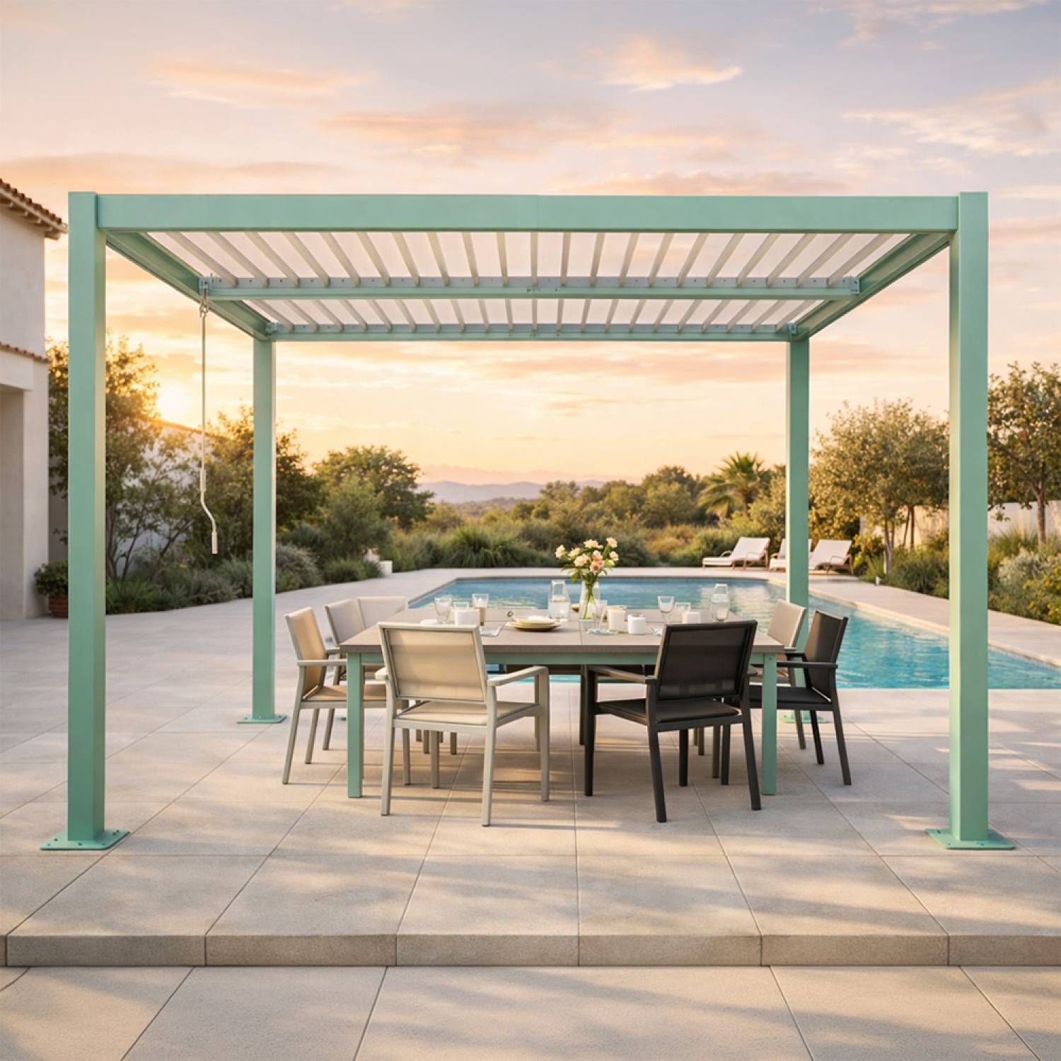 Pergola bioclimatique structure et lames orientables en aluminium vert 3x3m RHODES - Image 5