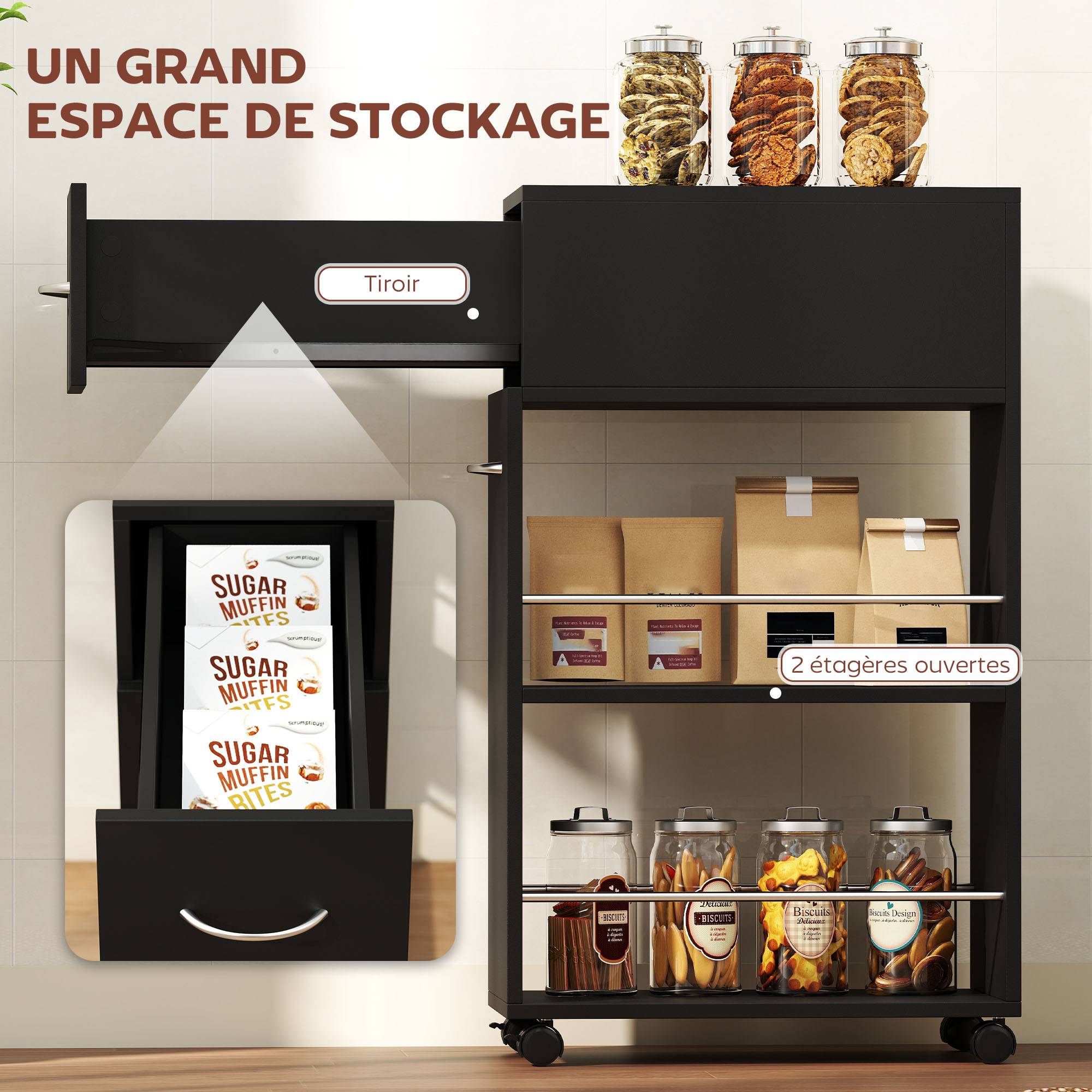 Chariot de cuisine desserte sur roulettes avec 1 tiroir et 2 étagères ouvertes pour salle à manger 25 x 50 x 85 cm Noir - Image 6