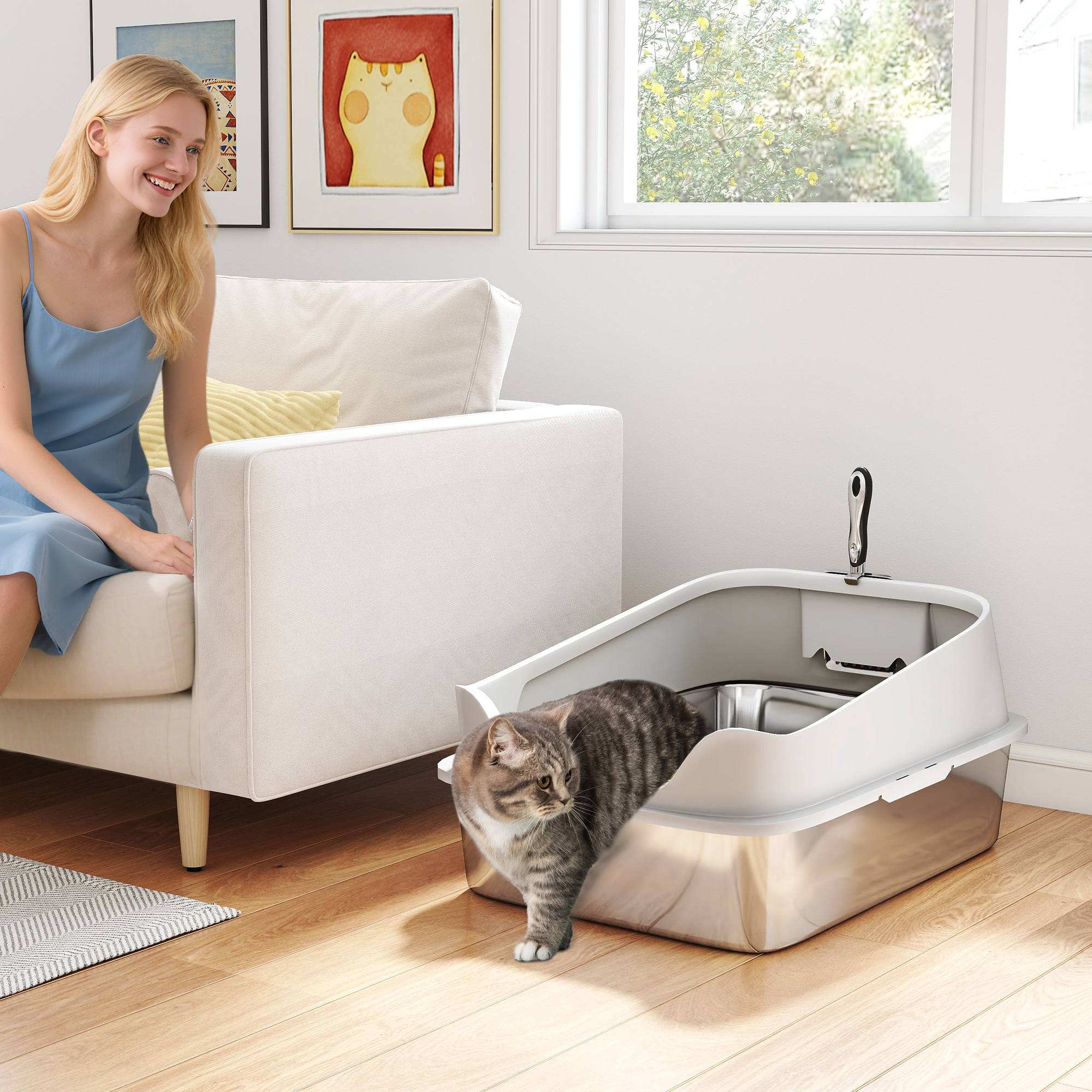 Sans Marque - Litière inox ouverte, pelle, bord haut, pour grand chat -7kg, 60,2x40,2x29,7cm, Gris - Image 4