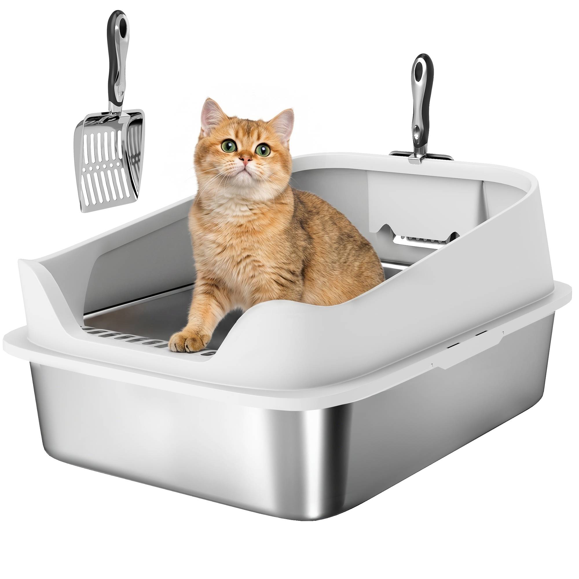 Sans Marque - Litière inox ouverte, pelle, bord haut, pour grand chat -7kg, 60,2x40,2x29,7cm, Gris - Image 1