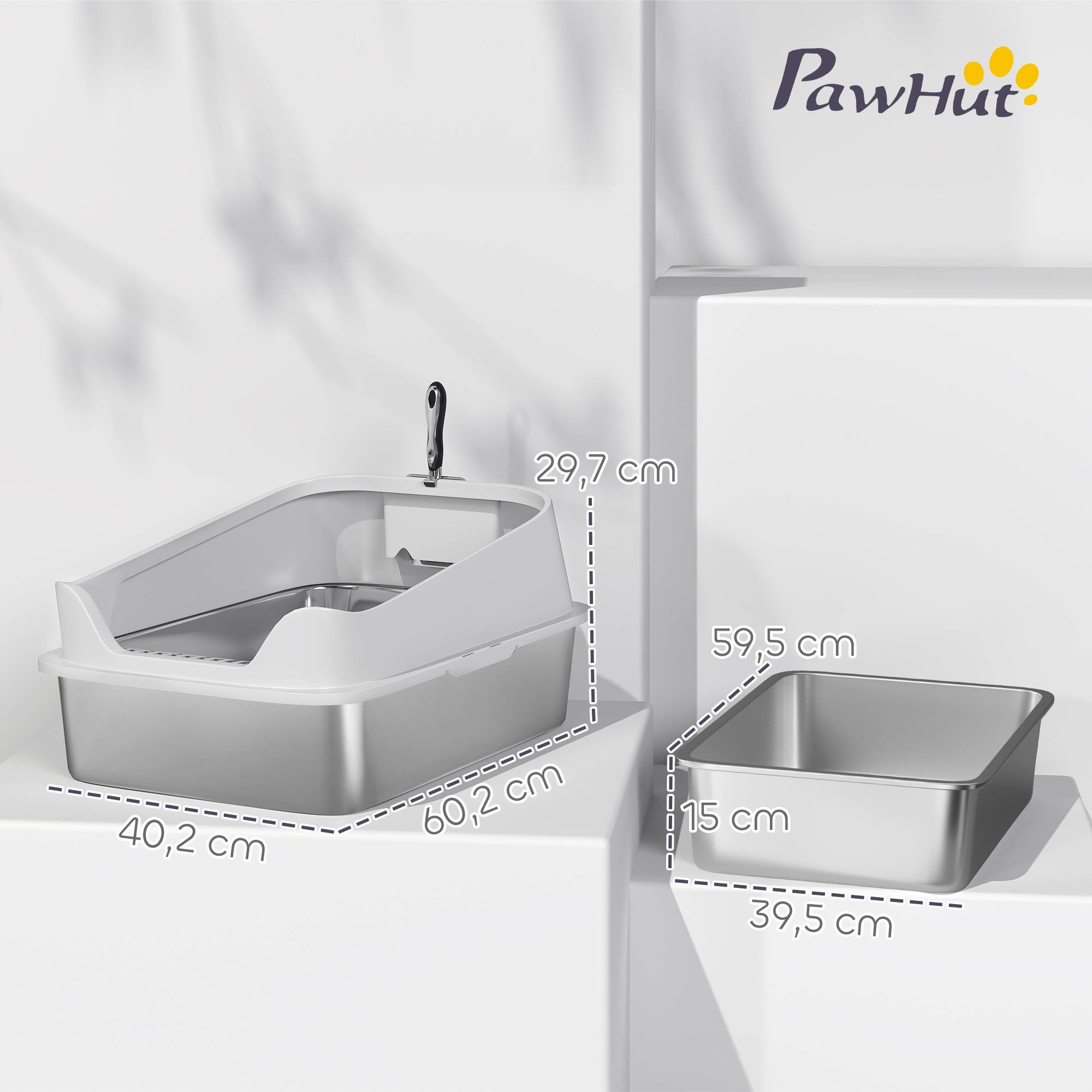 Sans Marque - Litière inox ouverte, pelle, bord haut, pour grand chat -7kg, 60,2x40,2x29,7cm, Gris - Image 5