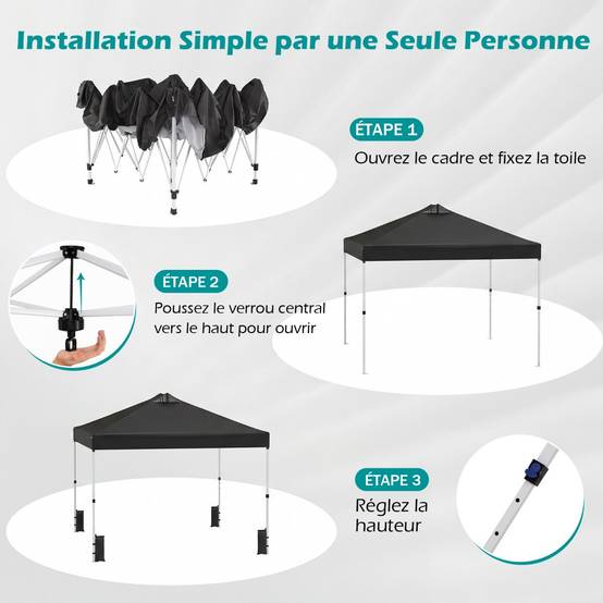 Tonnelle de Jardin 3x3 m Tente Pop-Up Toit à Revêtement Argenté Gazebo Portable avec 4 Sacs de Sable Piquets Noir MAISON CHIC - Image 7