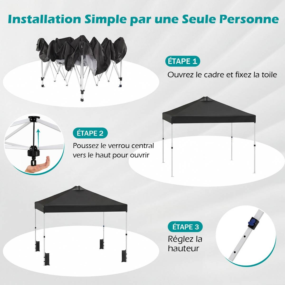 Tonnelle de Jardin 3x3 m Tente Pop-Up Toit à Revêtement Argenté Gazebo Portable avec 4 Sacs de Sable Piquets Noir MAISON CHIC - Image 7