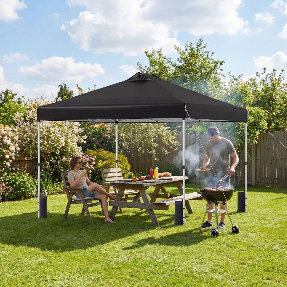 Tonnelle de Jardin 3x3 m Tente Pop-Up Toit à Revêtement Argenté Gazebo Portable avec 4 Sacs de Sable Piquets Noir MAISON CHIC - Image 5