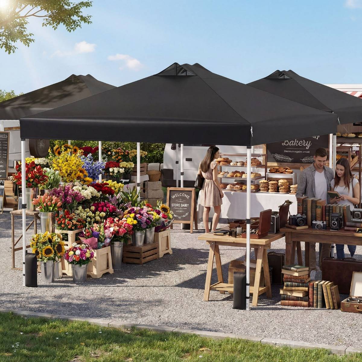 Tonnelle de Jardin 3x3 m Tente Pop-Up Toit à Revêtement Argenté Gazebo Portable avec 4 Sacs de Sable Piquets Noir MAISON CHIC - Image 3