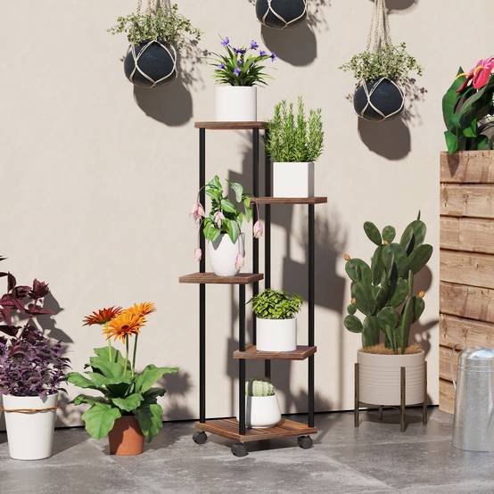Porte-plantes 5 niveaux bois acier balcon terrasse roulettes freins 59x59x110cm marron - ComfortXL Outdoor Living - Image 3